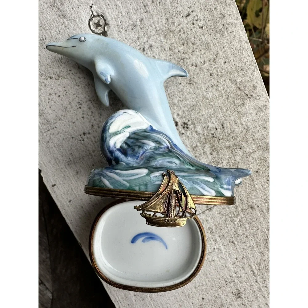 Limoges France Dubarry Dolphin Waves Trinket Box Sailboat Clasp Hand Painted